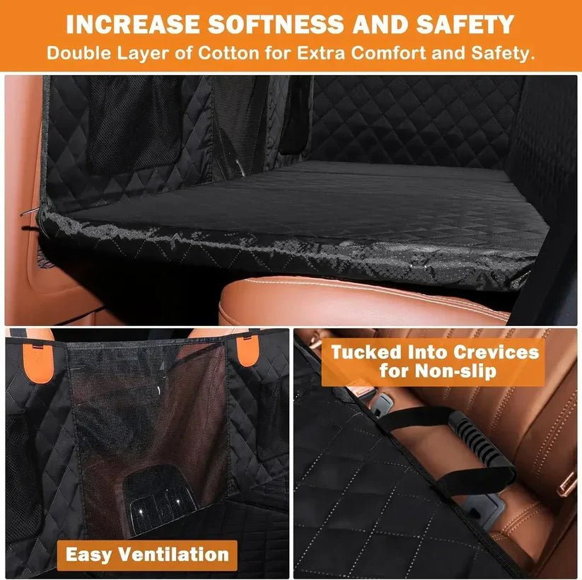 Hard Bottom 6-In-1 Dog Back Seat Cover , Waterproof Mesh Window, Non-Slip for Cars, Trucks and Suvs + FREE Dog Bed+ FREE Dog Safety Belt