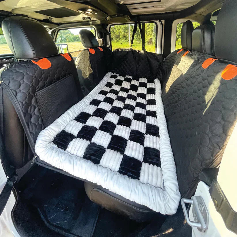 Hard Bottom 6-In-1 Dog Back Seat Cover , Waterproof Mesh Window, Non-Slip for Cars, Trucks and Suvs + FREE Dog Bed+ FREE Dog Safety Belt