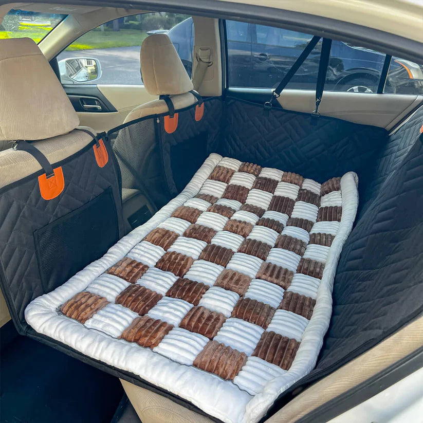 Hard Bottom 6-In-1 Dog Back Seat Cover , Waterproof Mesh Window, Non-Slip for Cars, Trucks and Suvs + FREE Dog Bed+ FREE Dog Safety Belt