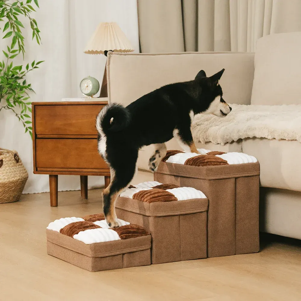 Detachable Chessboard Plaid Handcrafted Dog Stairs with Storage - Foldable Steps
